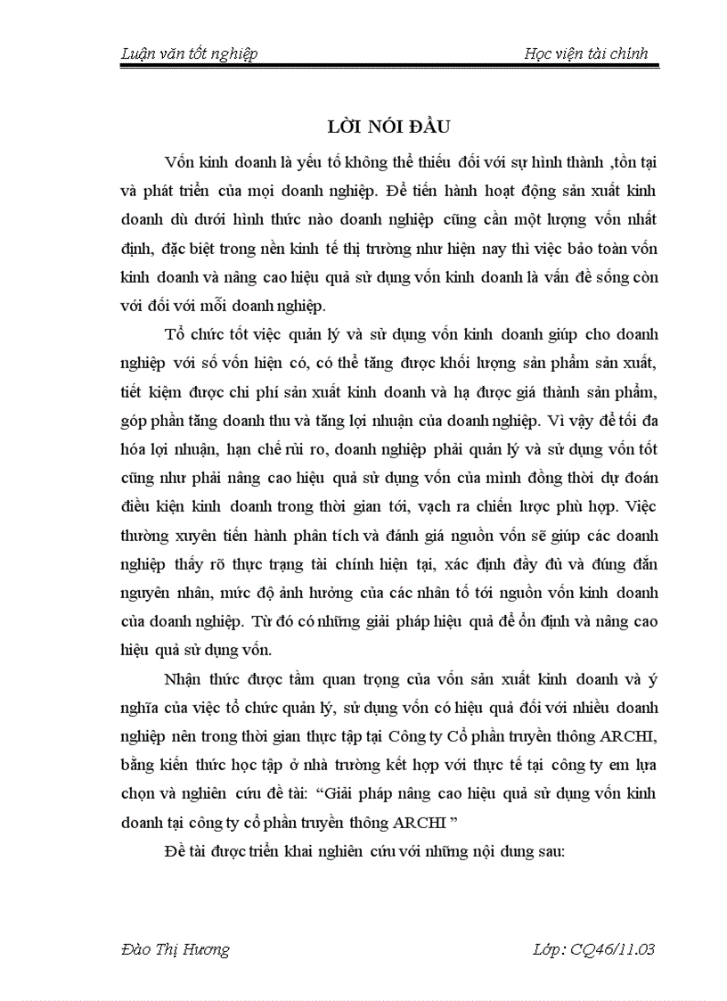 Giải pháp nâng cao hiệu quả sử dụng vốn kinh doanh tại công ty cổ phần truyền thông ARCHI 1