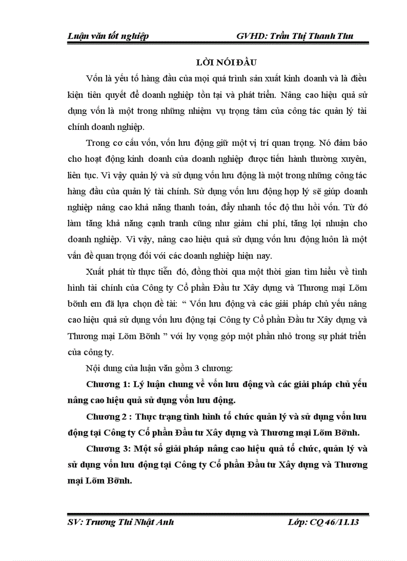 Vốn lưu động và các giải pháp chủ yếu nâng cao hiệu quả sử dụng vốn lưu động tại Công ty Cổ phần Đầu tư Xây dựng và Thương mại Lâm Bình