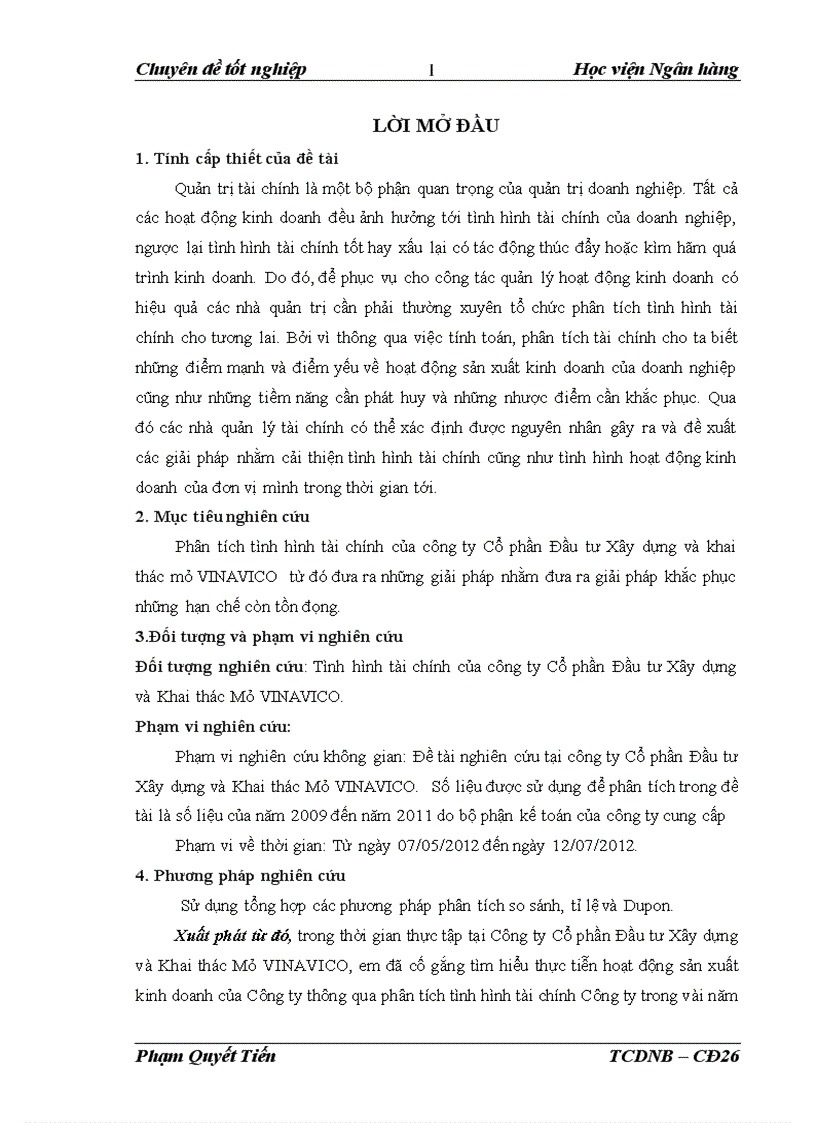 Phân tích tình hình tài chính của Công ty Cổ phần Đầu tư Xây dựng và Khai thác Mỏ VINAVICO Thực trạng và giải pháp