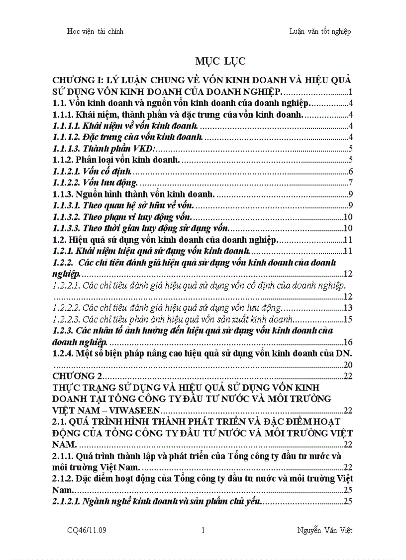 Thực trạng sử dụng và hiệu quả sử dụng vốn kinh doanh tại tổng công ty đầu tư nước và môi trường VIỆT NAM VIWASEEN
