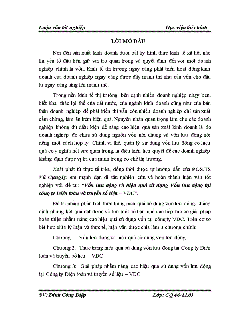 Vốn lưu động và hiệu quả sử dụng Vốn lưu động tại công ty Điện toán và truyền số liệu VDC 3
