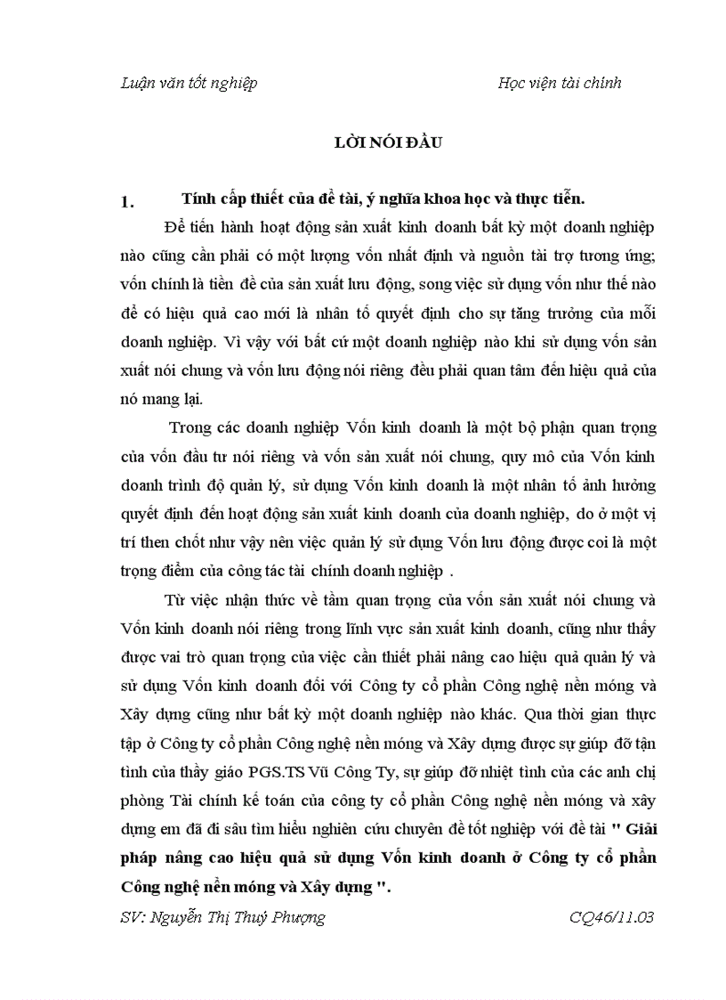 Giải pháp nâng cao hiệu quả sử dụng Vốn kinh doanh ở Công ty cổ phần Công nghệ nền móng và Xây dựng 1