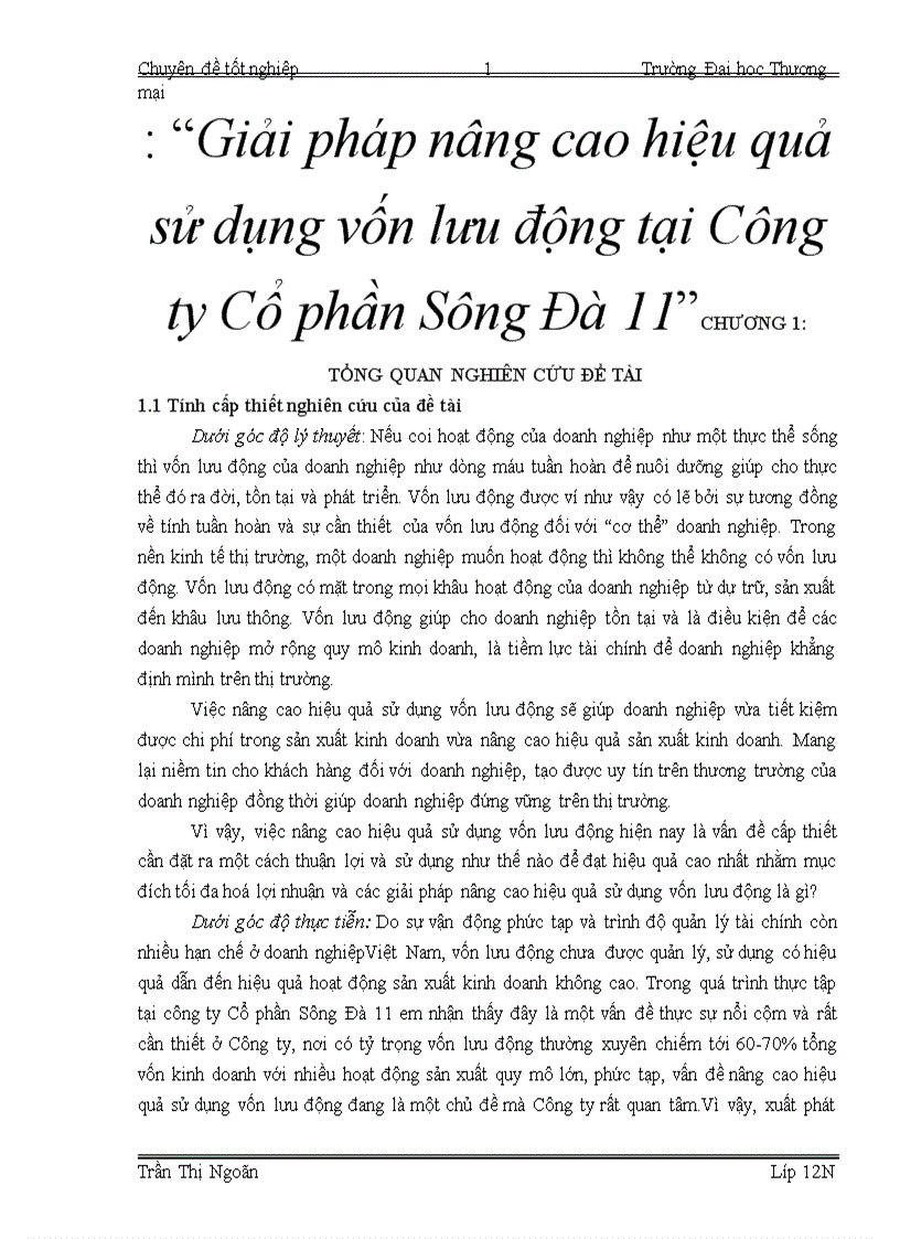 Giải pháp nâng cao hiệu quả sử dụng vốn lưu động tại Công ty Cổ phần Sông Đà 1 5