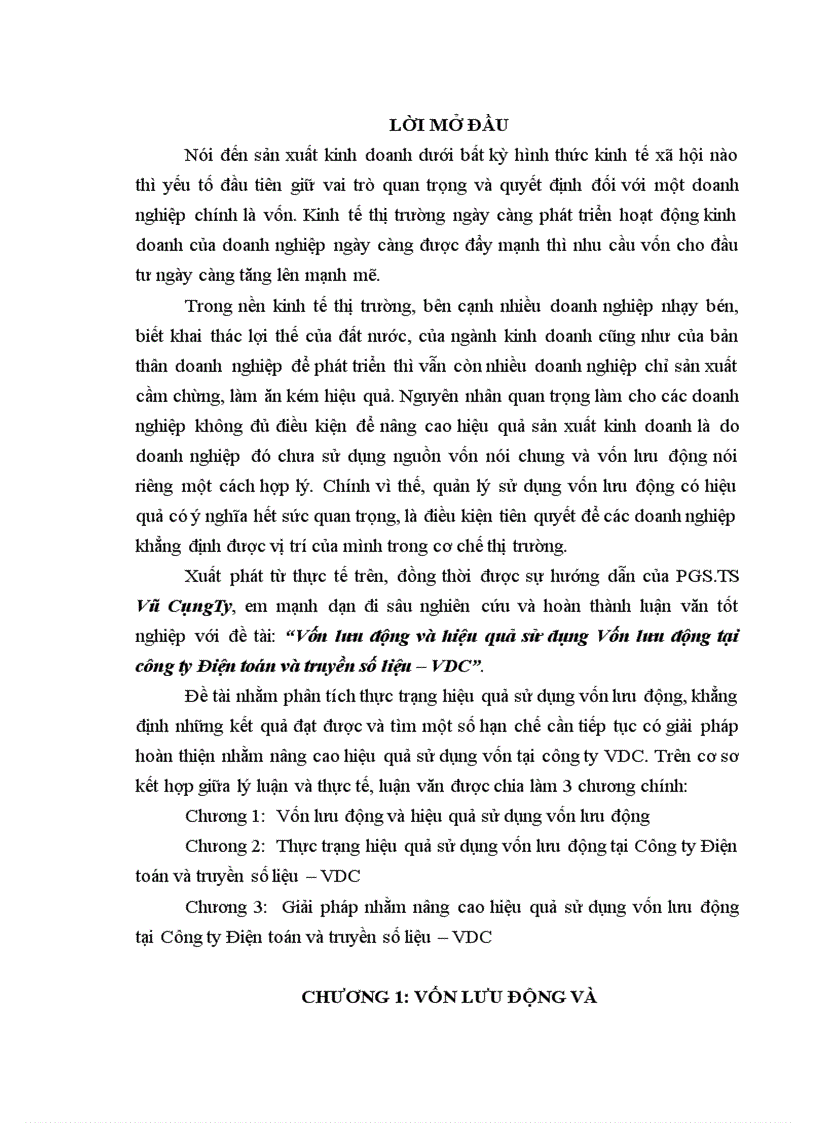 Vốn lưu động và hiệu quả sử dụng Vốn lưu động tại công ty Điện toán và truyền số liệu VDC 1