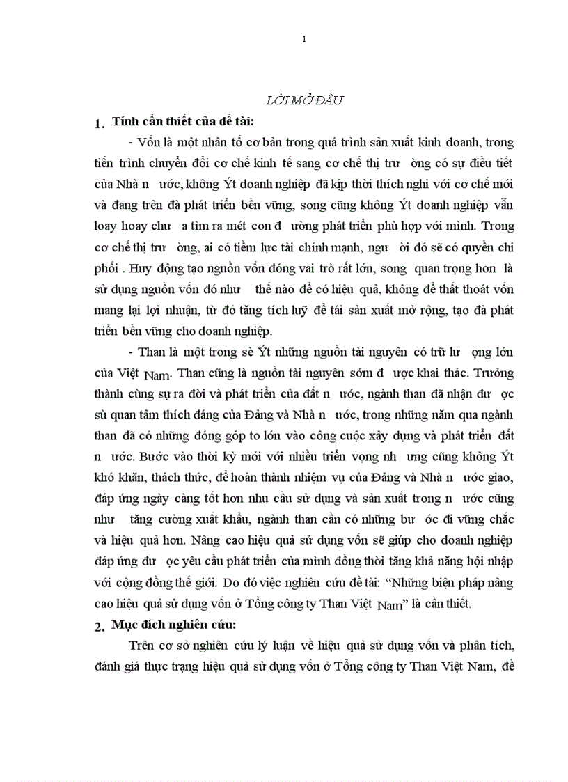 Những biện pháp nâng cao hiệu quả sử dụng vốn ở Tổng công ty Than Việt Nam 1