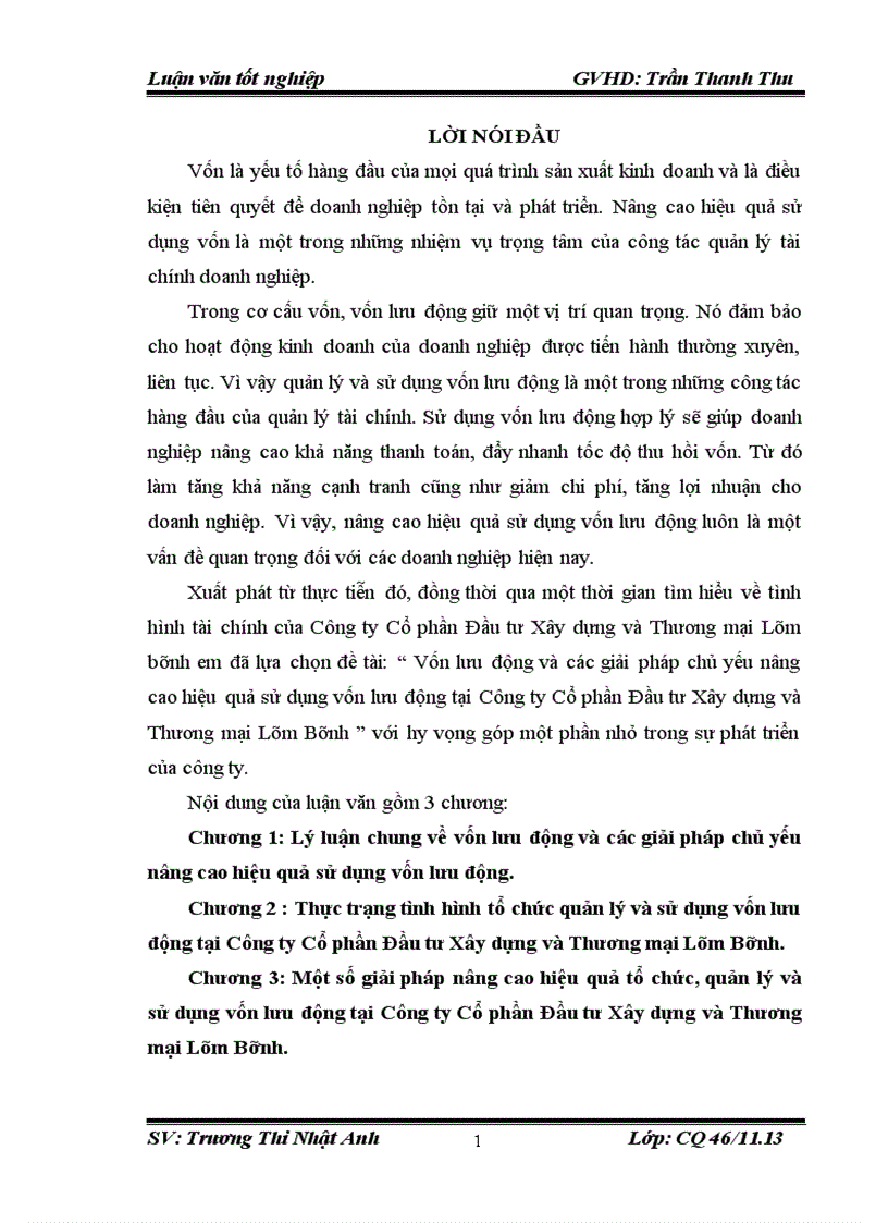 Vốn lưu động và các giải pháp chủ yếu nâng cao hiệu quả sử dụng vốn lưu động tại Công ty Cổ phần Đầu tư Xây dựng và Thương mại Lâm Bình 3