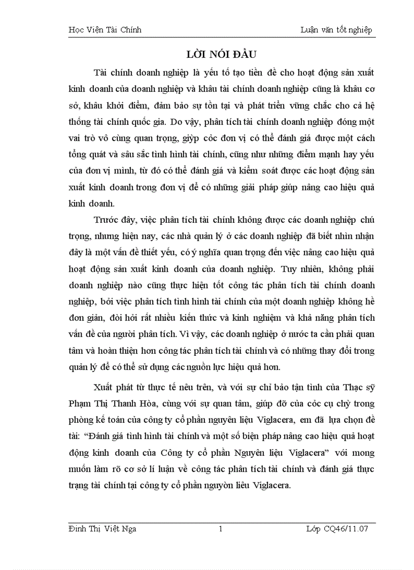Đánh giá tình hình tài chính và một số biện pháp nâng cao hiệu quả hoạt động kinh doanh của Công ty cổ phần Nguyên liệu Viglacera 1