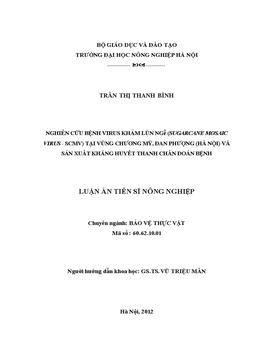 Nghiên cứu bệnh virus khảm lùn ngô sugarcane mosaic virus scmv tại vùng chương mỹ đan phượng hà nội và sản xuất kháng huyết thanh chẩn đoán bệnH