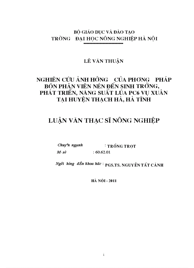 Nghiên cứu ảnh hưởng của phương pháp bón phân viên nén đến sinh trưởng phát triển năng suất lúa pc6 vụ xuân tại huyện thạch hà hà tĩnh