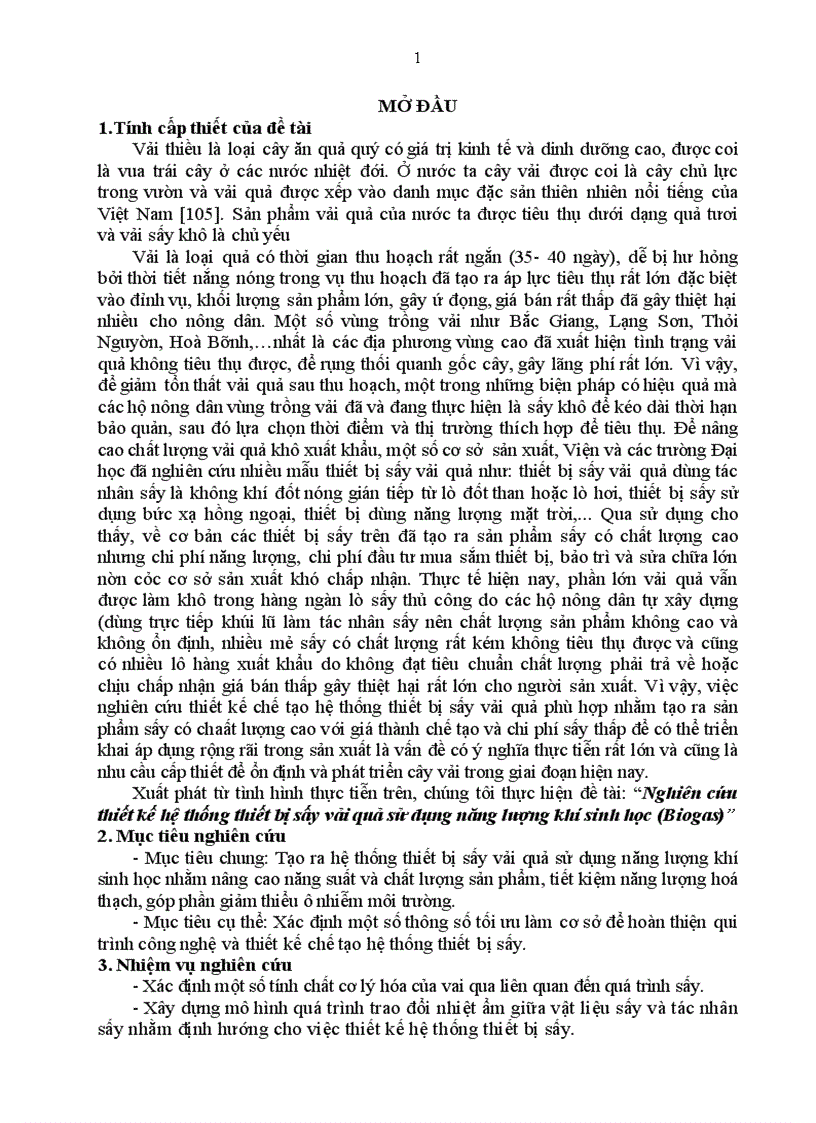 Nghiên cứu thiết kế hệ thống thiết bị sấy vải quả sử dụng năng lượng khí sinh học Biogas