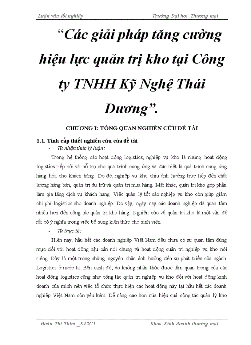 Các giải pháp tăng cường hiệu lực quản trị kho tại Công ty TNHH Kỹ Nghệ Thái Dương 1