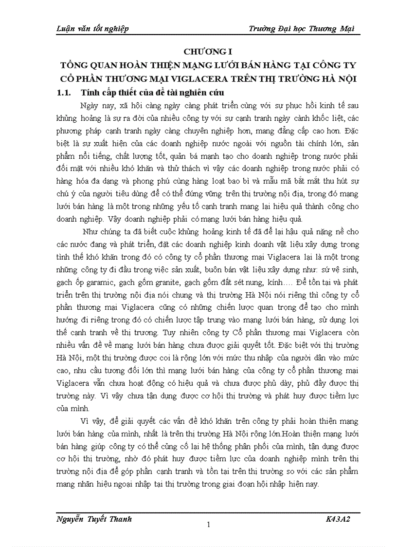 Hoàn thiện mạng lưới bán hàng tại công ty cổ phần thương mại viglacera trên thị trường hà nội
