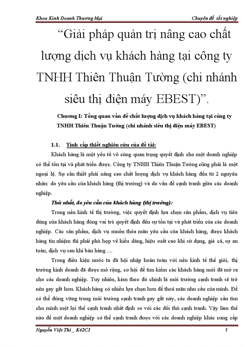 Giải pháp quản trị nâng cao chất lượng dịch vụ khách hàng tại công ty TNHH Thiên Thuận Tường chi nhánh siêu thị điện máy EBEST 1
