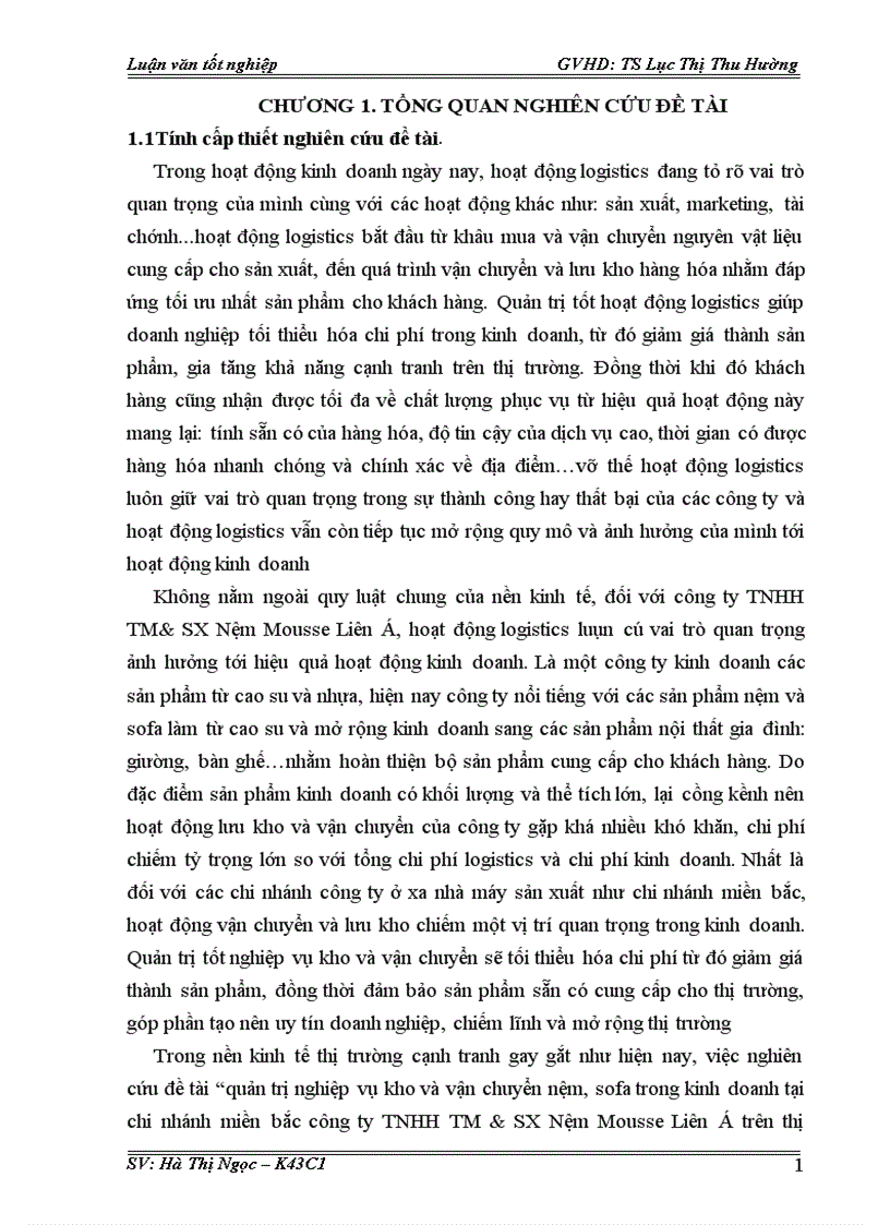 Quản trị nghiệp vụ kho và vận chuyển nệm sofa trong kinh doanh tại chi nhánh miền bắc công ty TNHH TM SX Nệm Mousse Liên Á trên thị trường miền Bắc 3