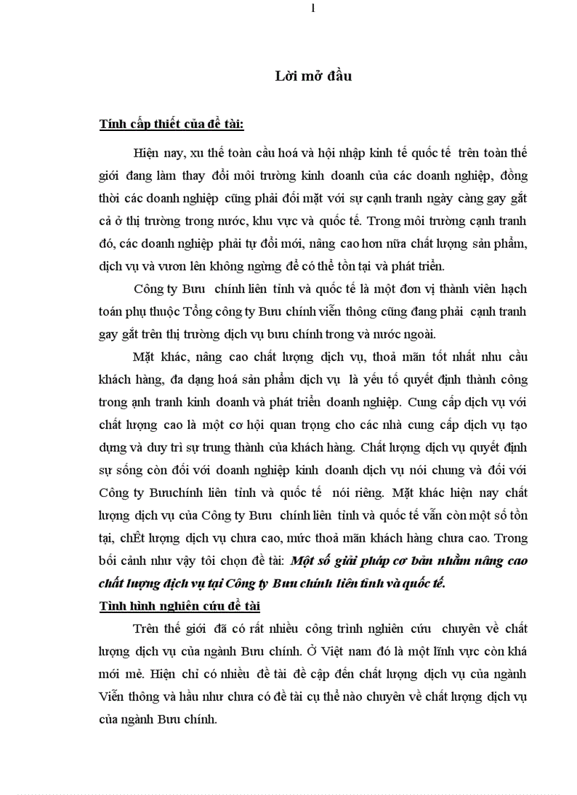 Một số giải pháp cơ bản nhằm nâng cao chất lượng dịch vụ tại Công ty Bưu chính liên tỉnh và quốc tế 1