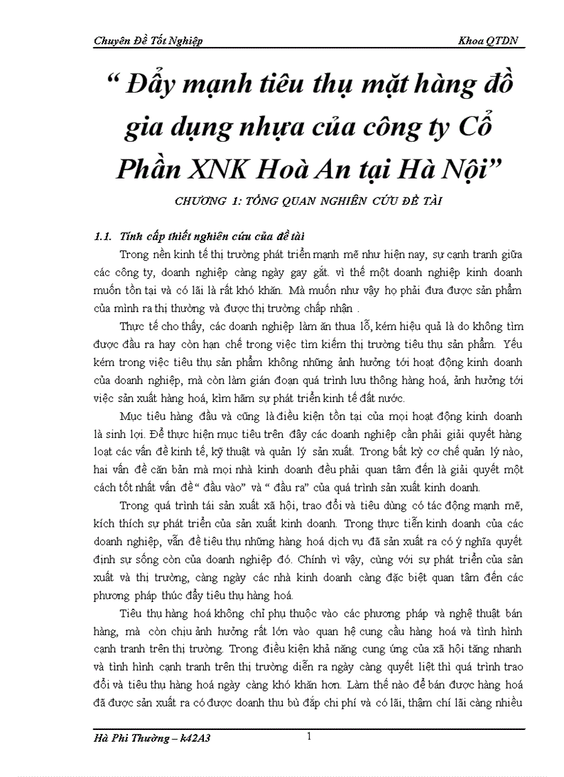 Đẩy mạnh tiêu thụ mặt hàng đồ gia dụng nhựa của công ty Cổ Phần XNK Hoà An tại Hà Nội