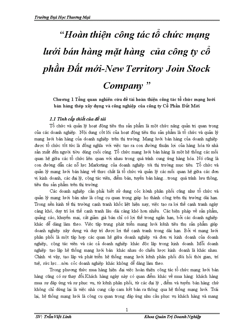 Hoàn thiện công tác tổ chức mạng lưới bán hàng mặt hàng của công ty cổ phần Đất mới New Territory Join Stock Company 1