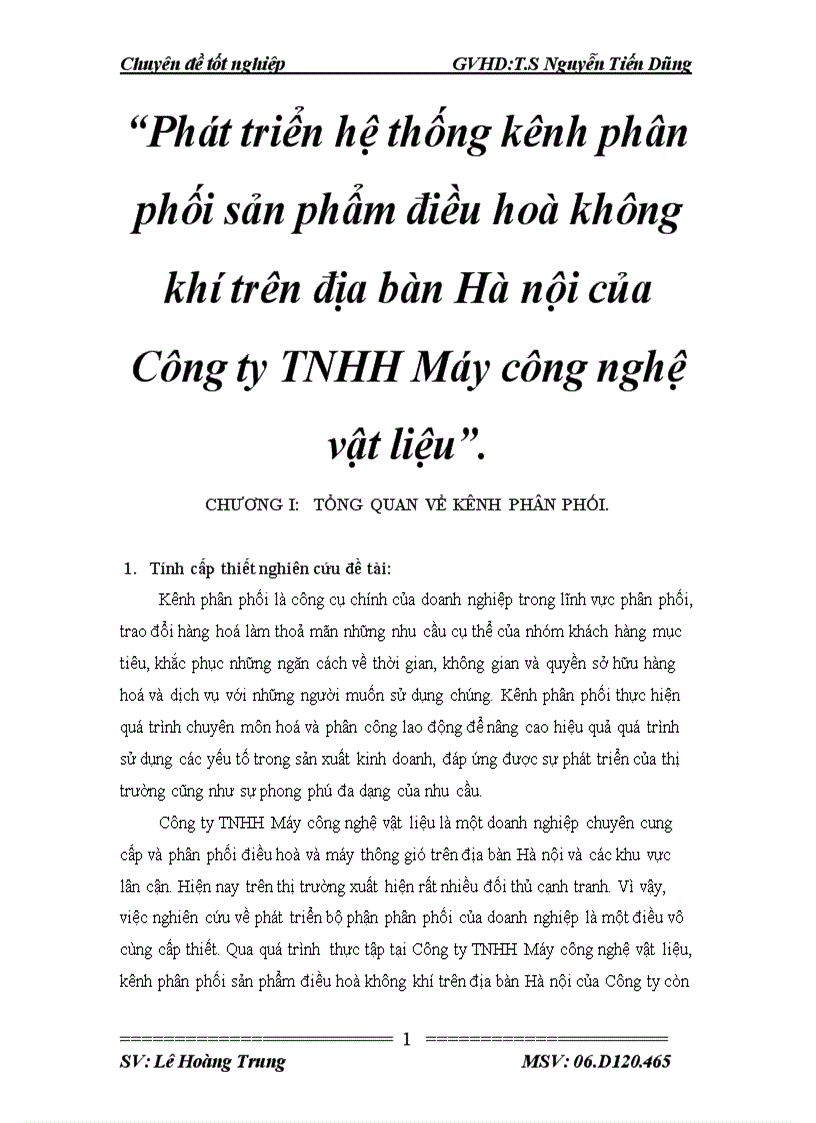 Phát triển hệ thống kênh phân phối sản phẩm điều hoà không khí trên địa bàn Hà nội của Công ty TNHH Máy công nghệ vật liệu 1