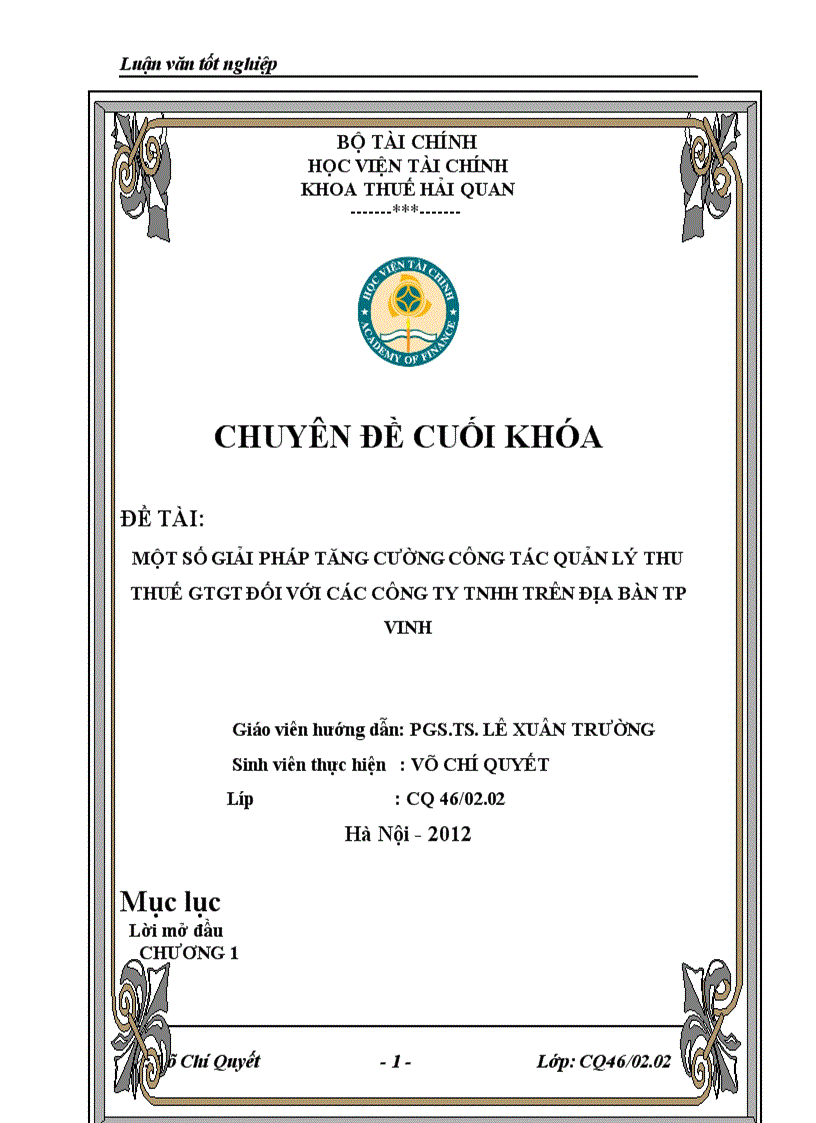 Một số giải pháp tăng cường công tác quản lý thu thuế GTGT đối với các Công ty TNHH trên địa bàn TP Vinh 1