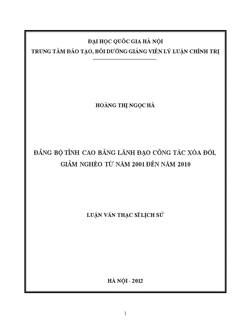 Đảng bộ tỉnh cao bằng lãnh đạo công tác xóa đói giảm nghèo từ năm 2001 đến năm 2010