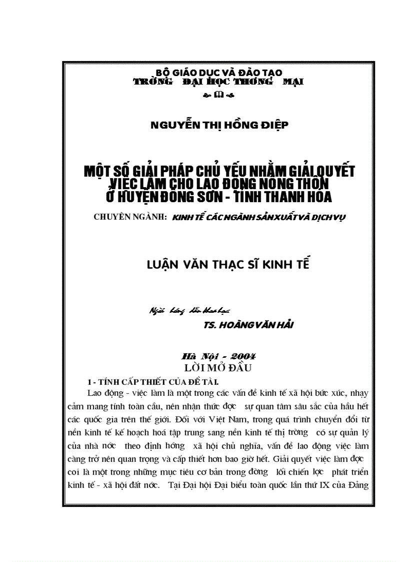 Một số giải pháp chủ yếu nhằm giải quyết việc làm cho lao động nông thôn ở huyện đông sơn tỉnh thanh hóa