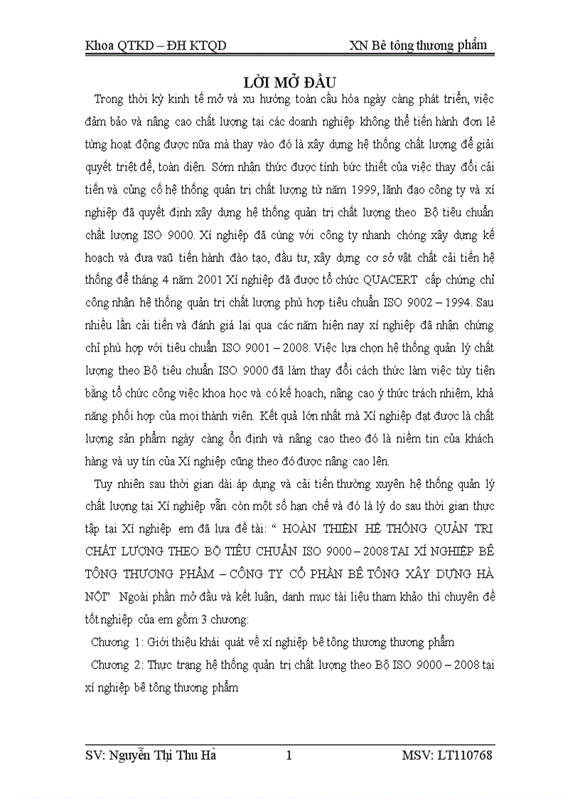 Hoàn thiện hệ thống quản trị chất lượng theo bộ tiêu chuẩn iso 9000 2008 tại xí nghiệp bê tông thương phẩm công ty cổ phần bê tông xây dựng HÀ NỘI