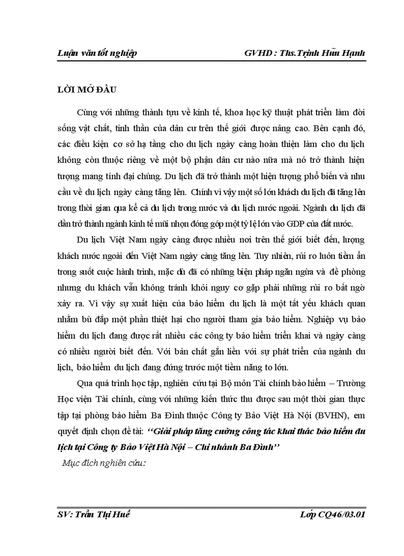 Giải pháp tăng cường công tác khai thác bảo hiểm du lịch tại Công ty Bảo Việt Hà Nội Chi nhánh Ba Đình 1