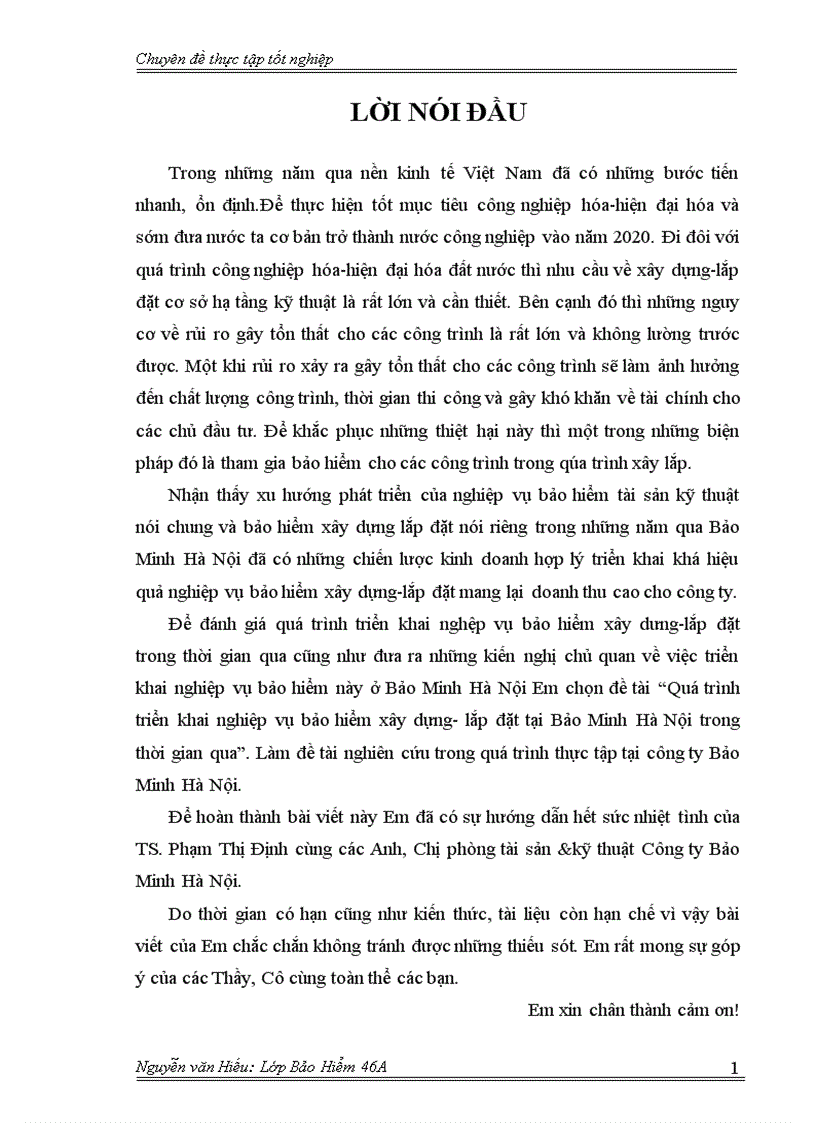 Quá trình triển khai nghiệp vụ bảo hiểm xây dựng lắp đặt tại Bảo Minh Hà Nội trong thời gian qua 5