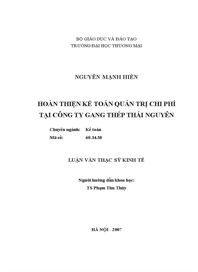 Hoàn thiện kế toán quản trị chi phí tại công ty gang thép THÁI NGUYÊN 1