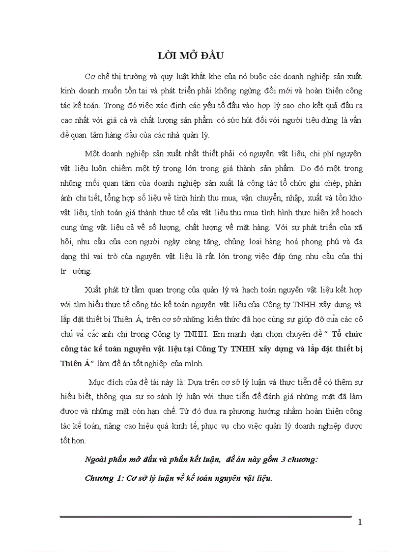 Tổ chức công tác kế toán nguyên vật liệu tại Công Ty TNHH xây dựng và lắp đặt thiết bị Thiên Á 1