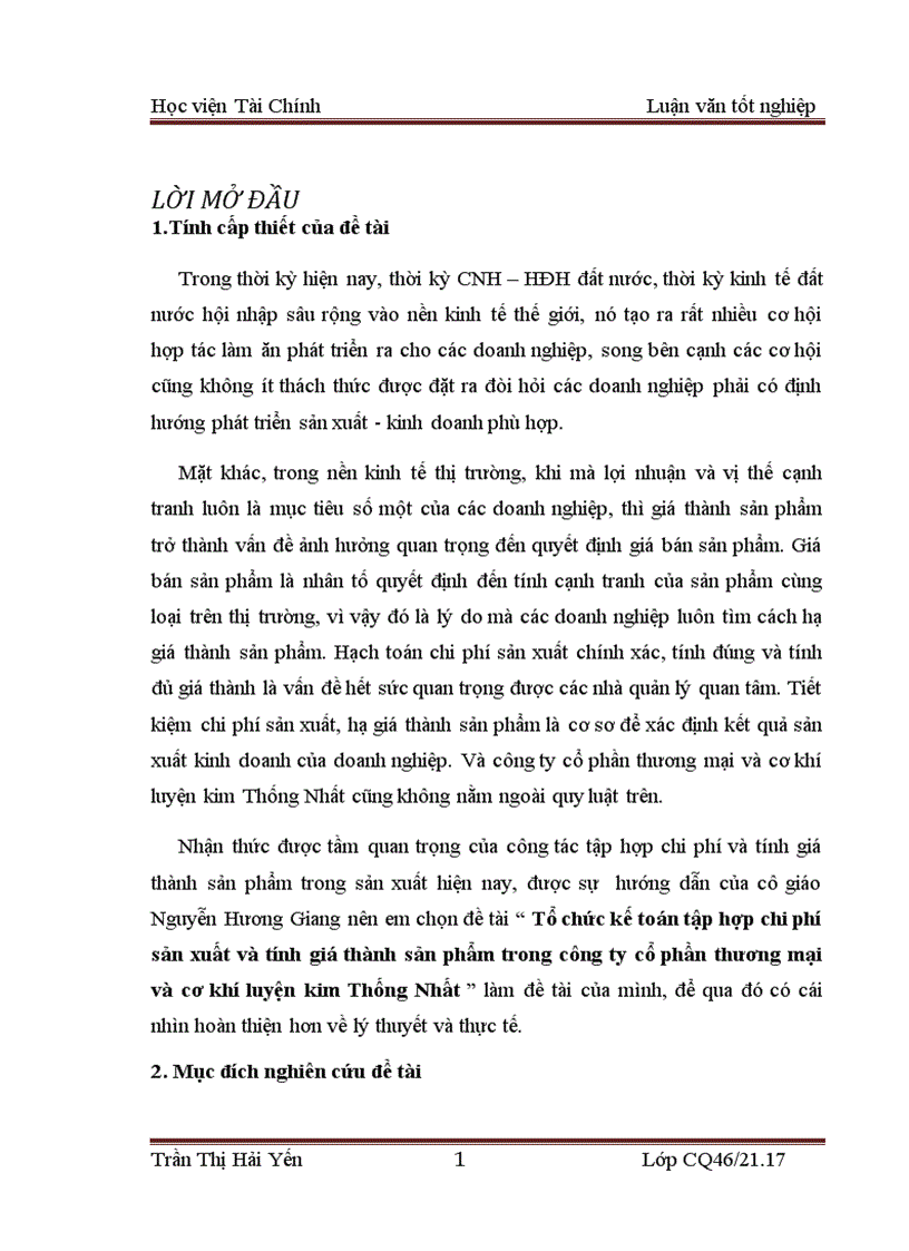 Tổ chức kế toán tập hợp chi phí sản xuất và tính giá thành sản phẩm trong công ty cổ phần thương mại và cơ khí luyện kim Thống Nhất 6
