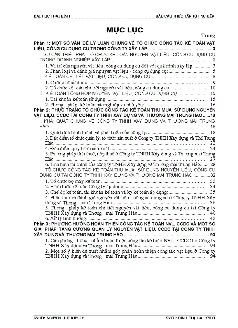 Thực trạng và một số giải pháp nhằm hoàn thiện tổ chức kế toán NVL CCDC tại Công ty TNHH Xây dựng và Thương mại Trung Hảo