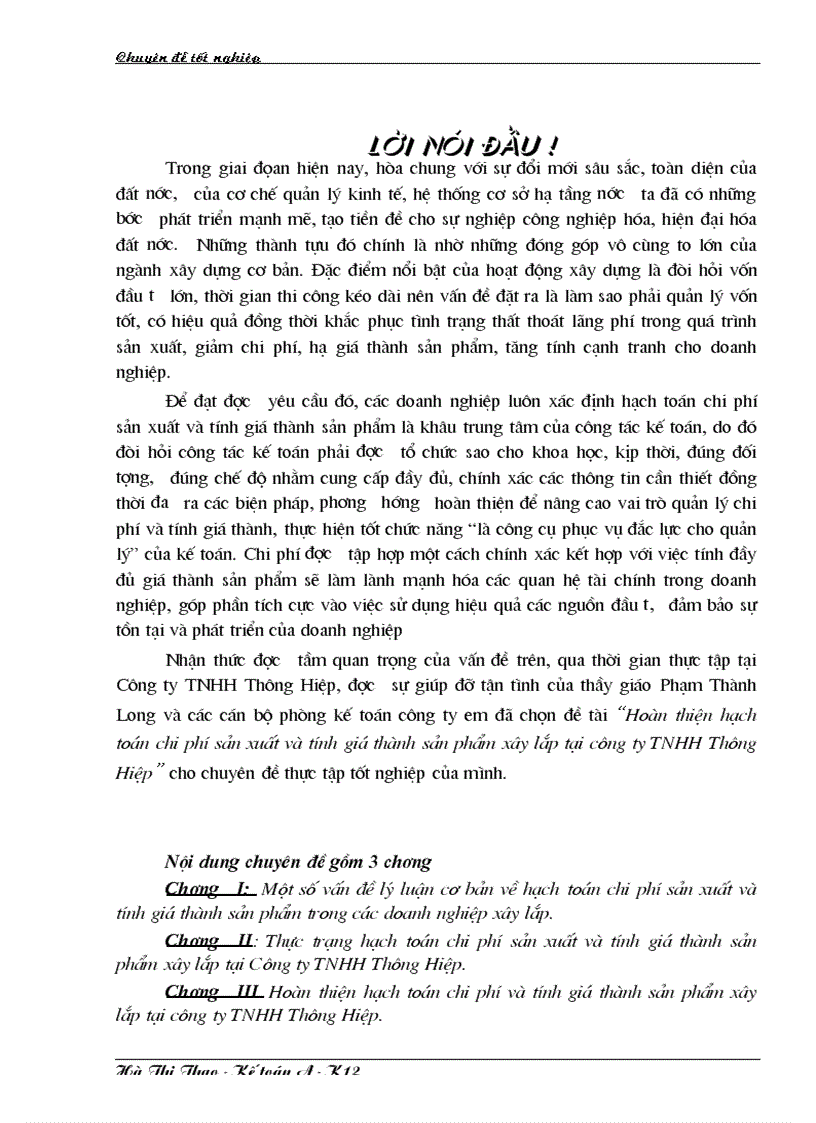 Hoàn thiện hạch toán chi phí sản xuất và tính giá thành sản phẩm xây lắp tại công ty TNHH Thông Hiệp 5