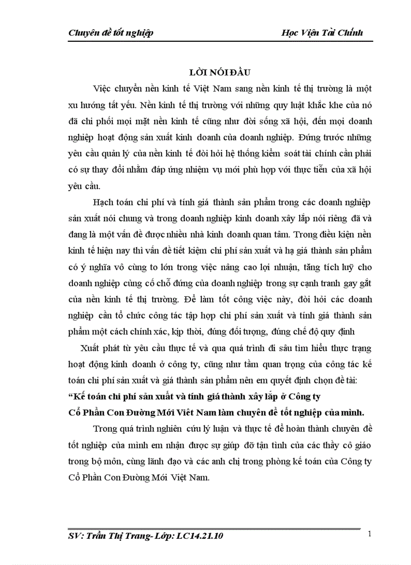 Kế toán chi phí sản xuất và tính giá thành xây lắp ở Công ty Cổ Phần Con Đường Mới Viêt Nam