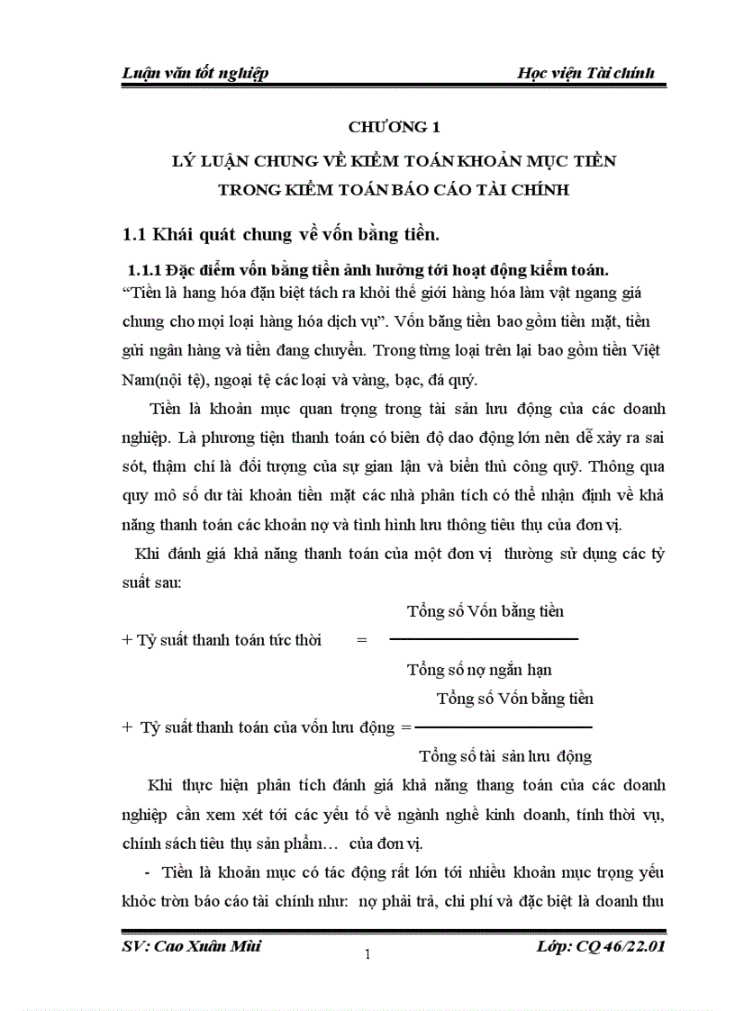 Thực trạng kiểm toán khoản mục vốn bằng tiền trong kiểm toán báo cáotài chính do công ty kiểm toán và tư vấn tài chính quốc tế ifc thực hiện 1