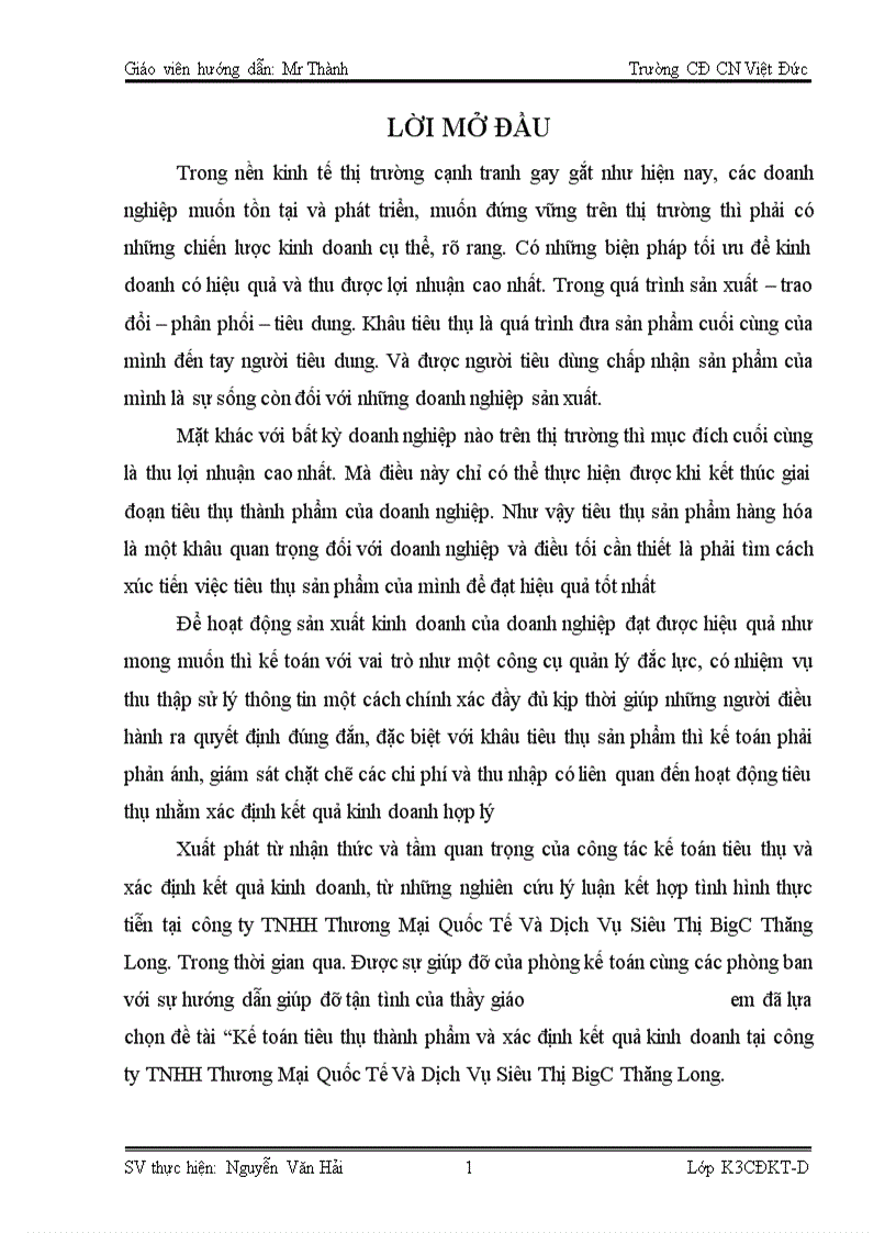Kế toán tiêu thụ thành phẩm và xác định kết quả kinh doanh tại công ty TNHH Thương Mại Quốc Tế Và Dịch Vụ Siêu Thị BigC Thăng Long 1
