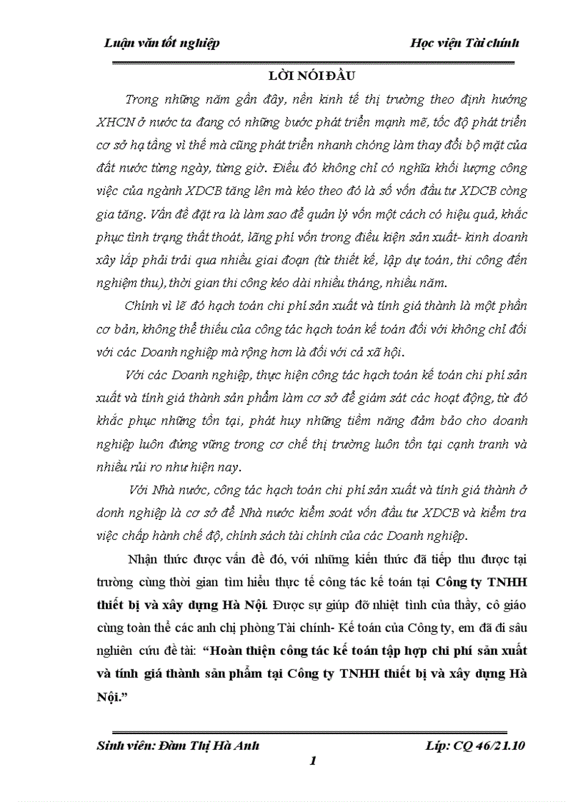 Hoàn thiện công tác kế toán tập hợp chi phí sản xuất và tính giá thành sản phẩm tại Công ty TNHH thiết bị và xây dựng Hà Nội 1