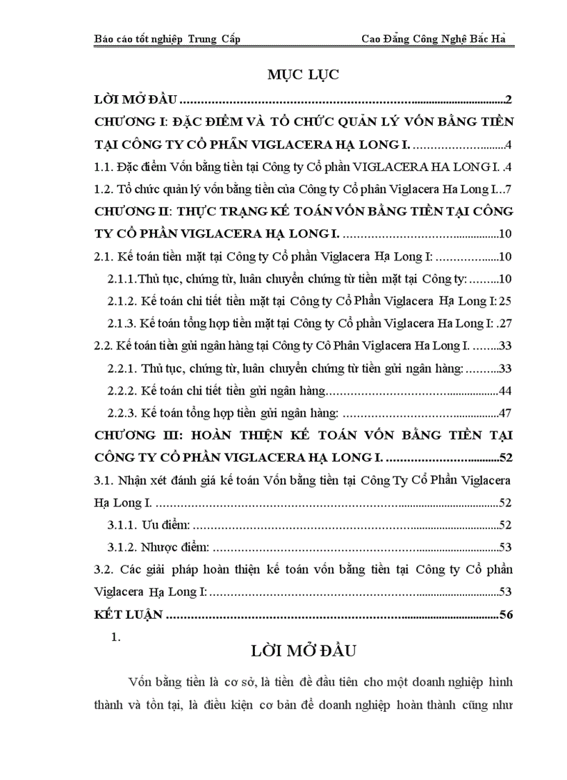Hoàn thiện kế toán vốn bằng tiền tại Công ty Cổ phần VIGLACERA HẠ LONG I