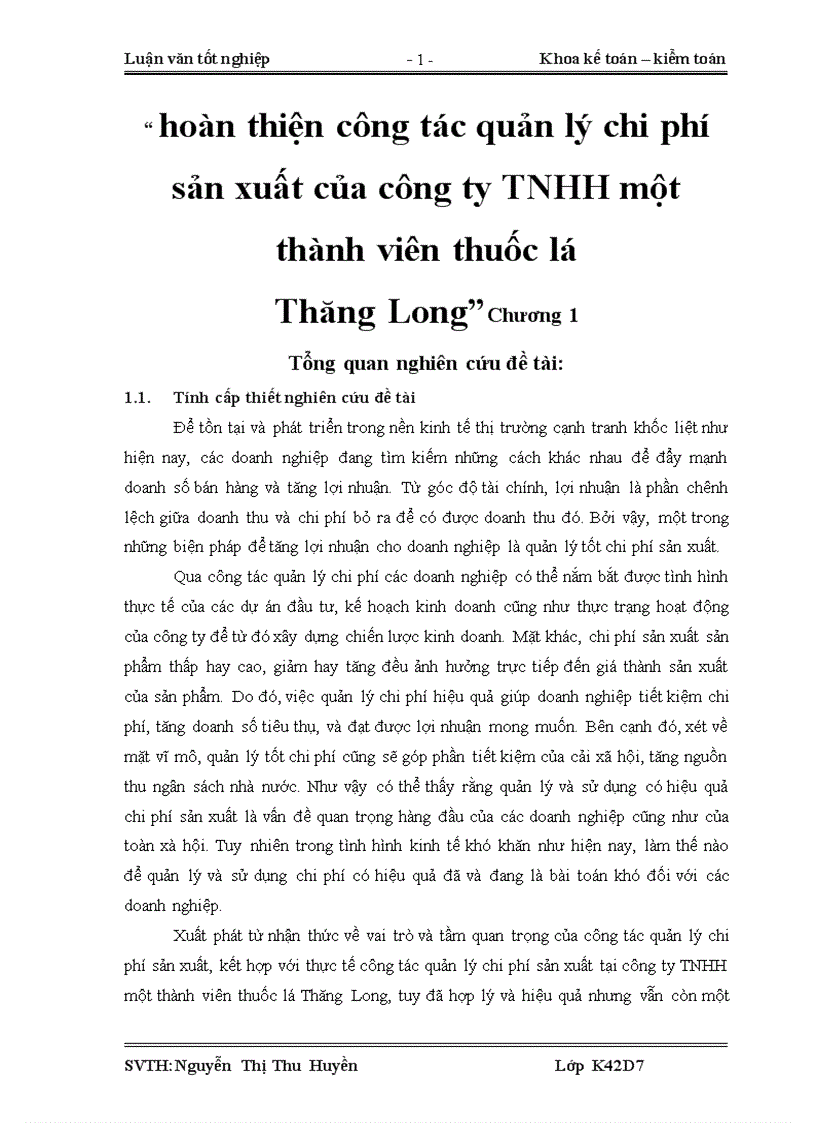 Hoàn thiện công tác quản lý chi phí sản xuất của công ty TNHH một thành viên thuốc lá Thăng Long 1