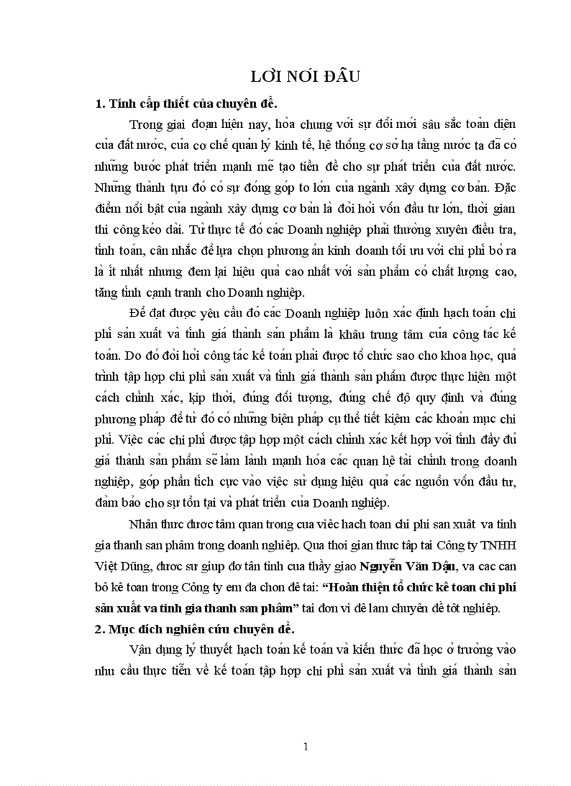 Hoàn thiện công tác kế toán chi phí sản xuất và tính giá thành sản phẩm tại công ty TNHH Việt Dũng 1