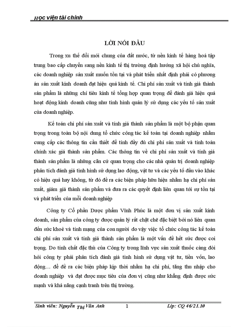 Hoàn thiện kế toán chi phí sản xuất và tính giá thành sản phẩm tại công ty Cổ phần Dược phẩm Vĩnh Phúc 1