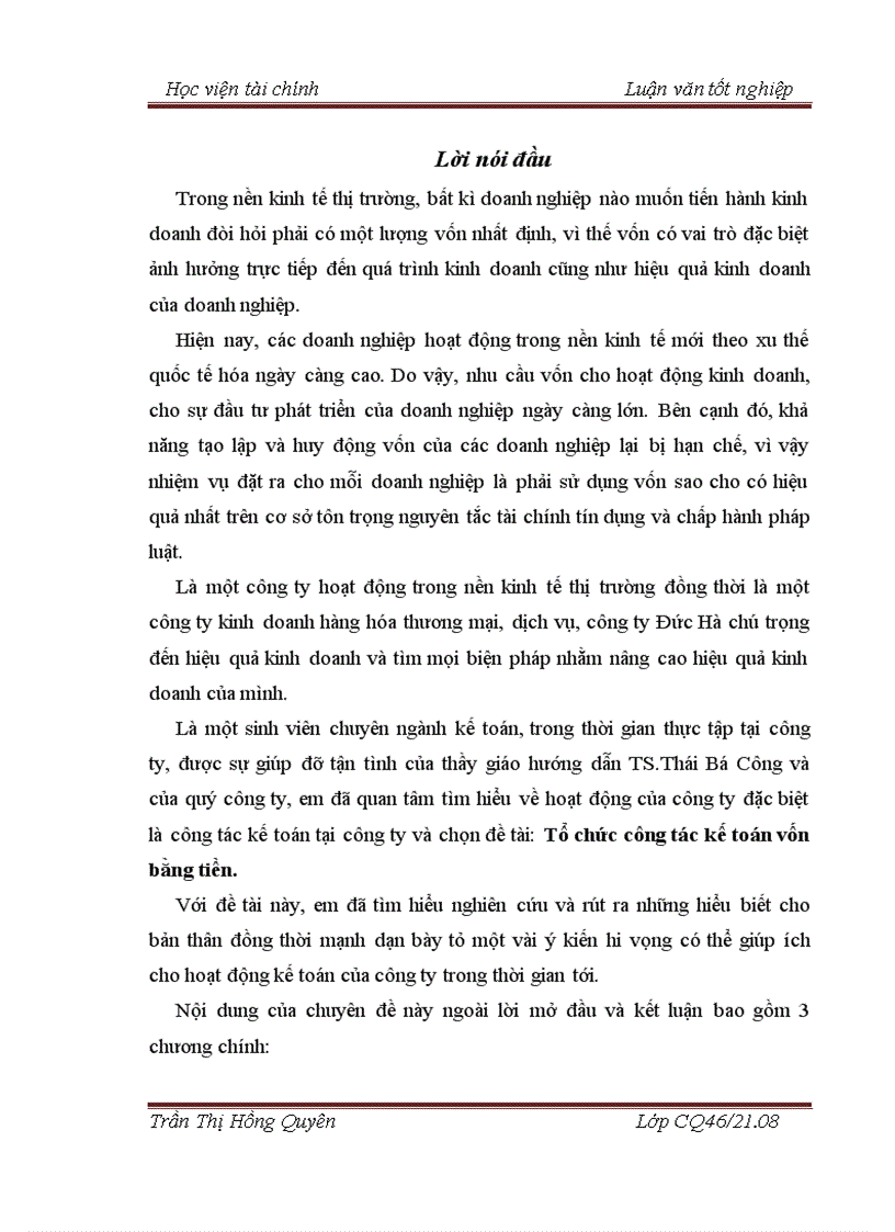 Hoàn thiện công tác kế toán vốn bằng tiền tại công ty Đức Hà