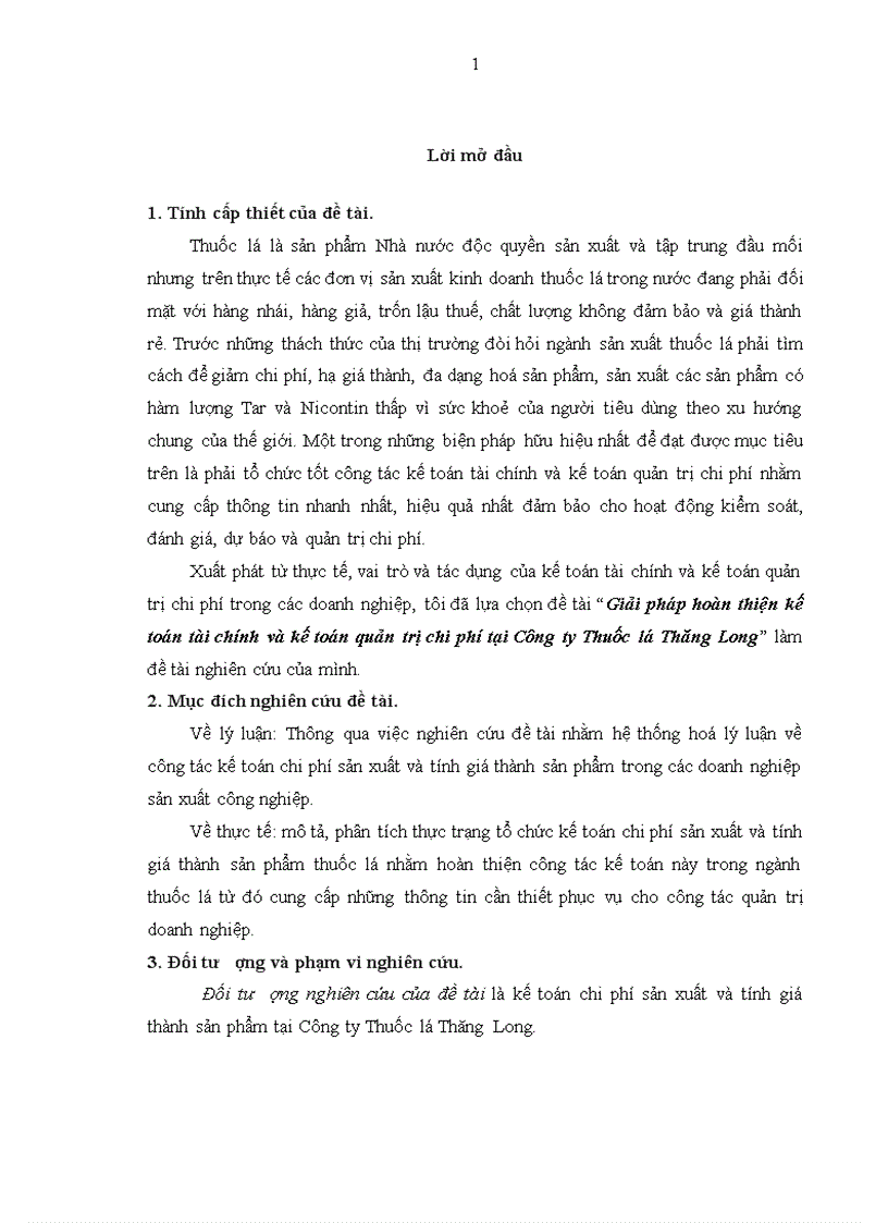 Giải pháp hoàn thiện kế toán tài chính và kế toán quản trị chi phí tại Công ty Thuốc lá Thăng Long 1