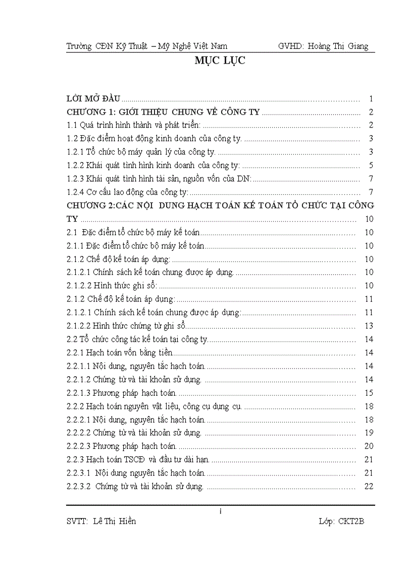 Các nội dung hạch toán kế toán được tổ chức tại công ty