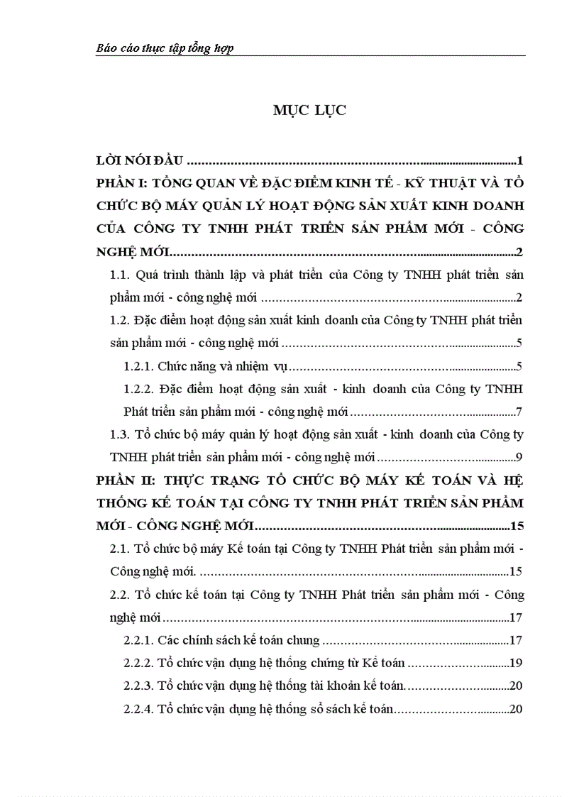 Báo cao thực tập tổng hợp về thực trạng tổ chức bộ máy kế toán và hệ thống kế toán tại công ty tnhh phát triển sản phẩm mới công nghệ mới