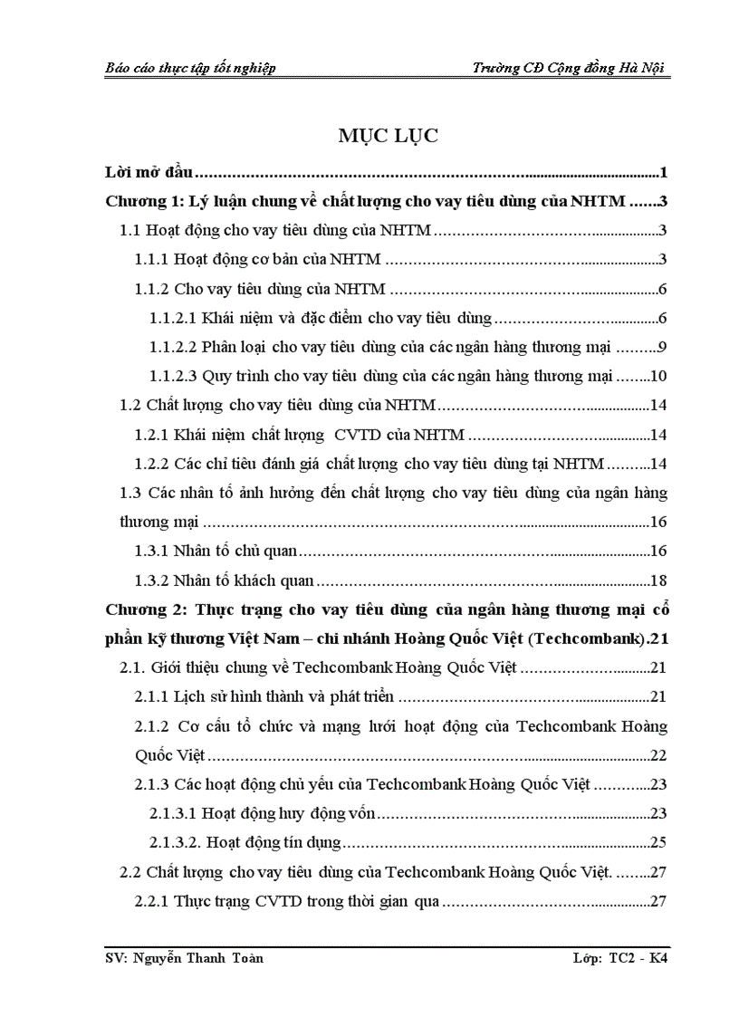 Nâng cao chất lượng cho vay tiêu dùng tại ngân hàng thương mại cổ phần kỹ thương Việt Nam chi nhánh Hoàng quốc Việt Techcombank