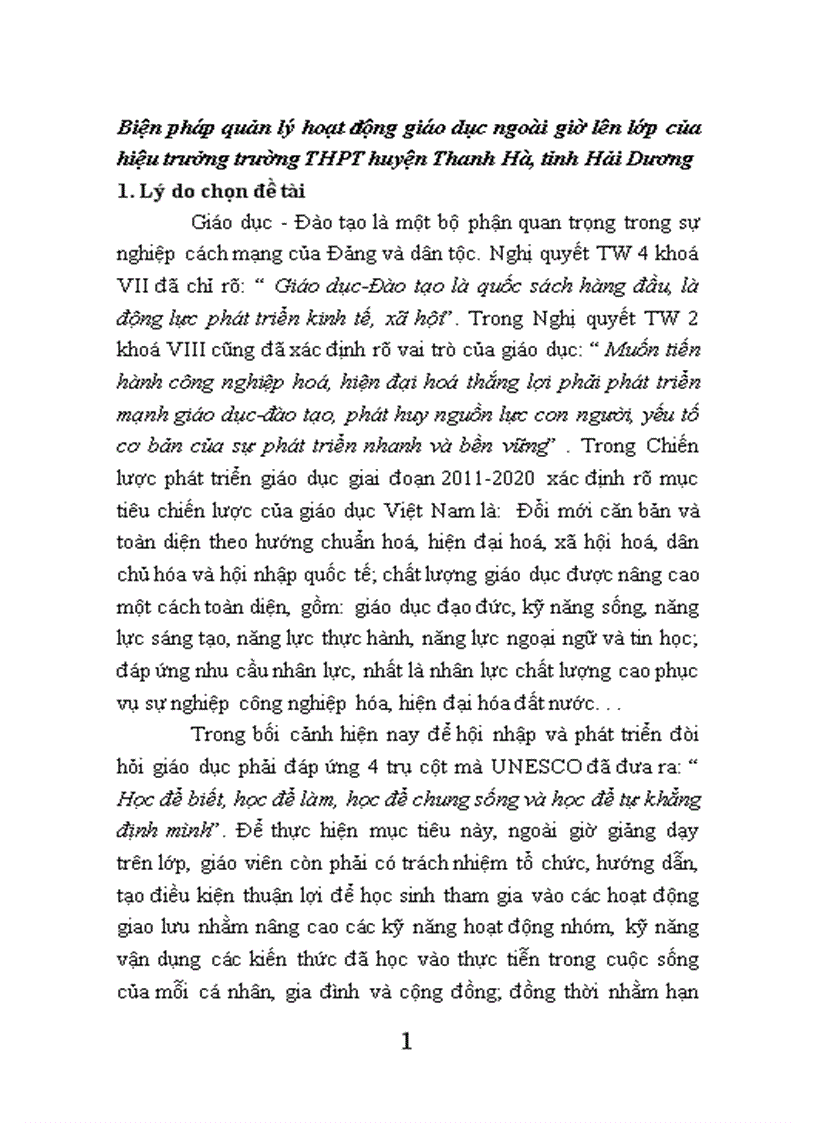 Biện pháp quản lý hoạt động giáo dục ngoài giờ lên lớp của hiệu trưởng trường THPT huyện Thanh Hà tỉnh Hải Dương 1