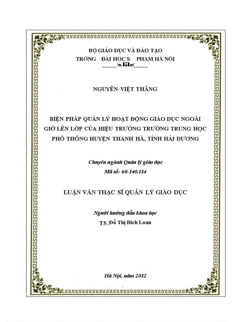 Biện pháp quản lý hoạt động giáo dục ngoài giờ lên lớp của hiệu trưởng trường trung học phổ thông huyện thanh hà tỉnh hải dương 1