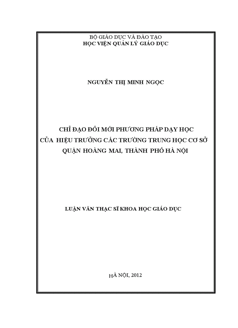 Chỉ đạo đổi mới phương pháp dạy học của hiệu trưởng các trường trung học cơ sở quận hoàng mai thành phố hà nội