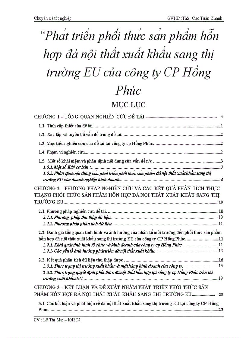 Phát triển phối thức sản phẩm hỗn hợp đá nội thất xuất khẩu sang thị trường EU của công ty CP Hồng Phúc 6